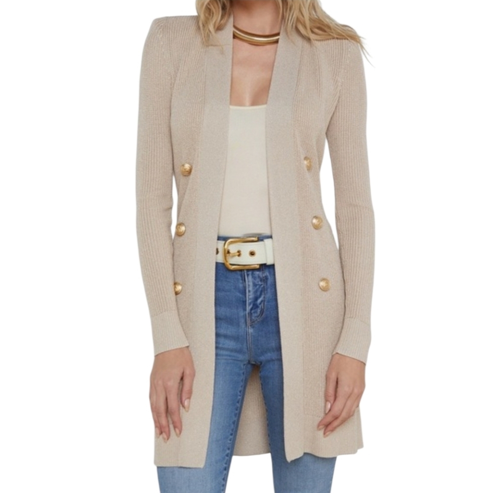 L'Agence Noe Gold Double Breasted Belted Cardigan Gold Embossed Buttons Luxury